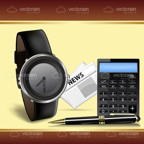 Executive Items Set with Watch, Newspaper, Calculator and Pen